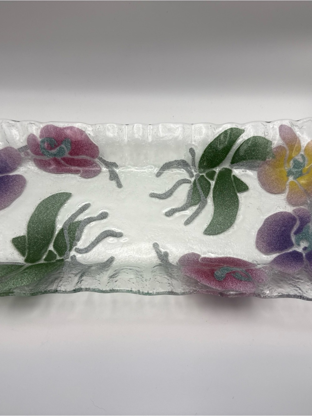 Sydenstricker Fused Art Glass Platter Rectangular Multicolor Floral 15"X8" Appx